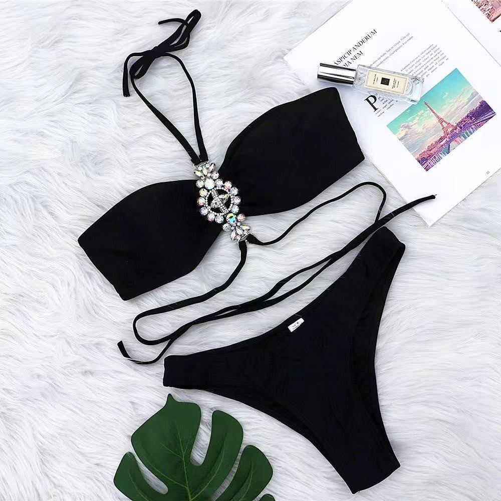 Bañador bikini 3 piezas de color negro con piedras